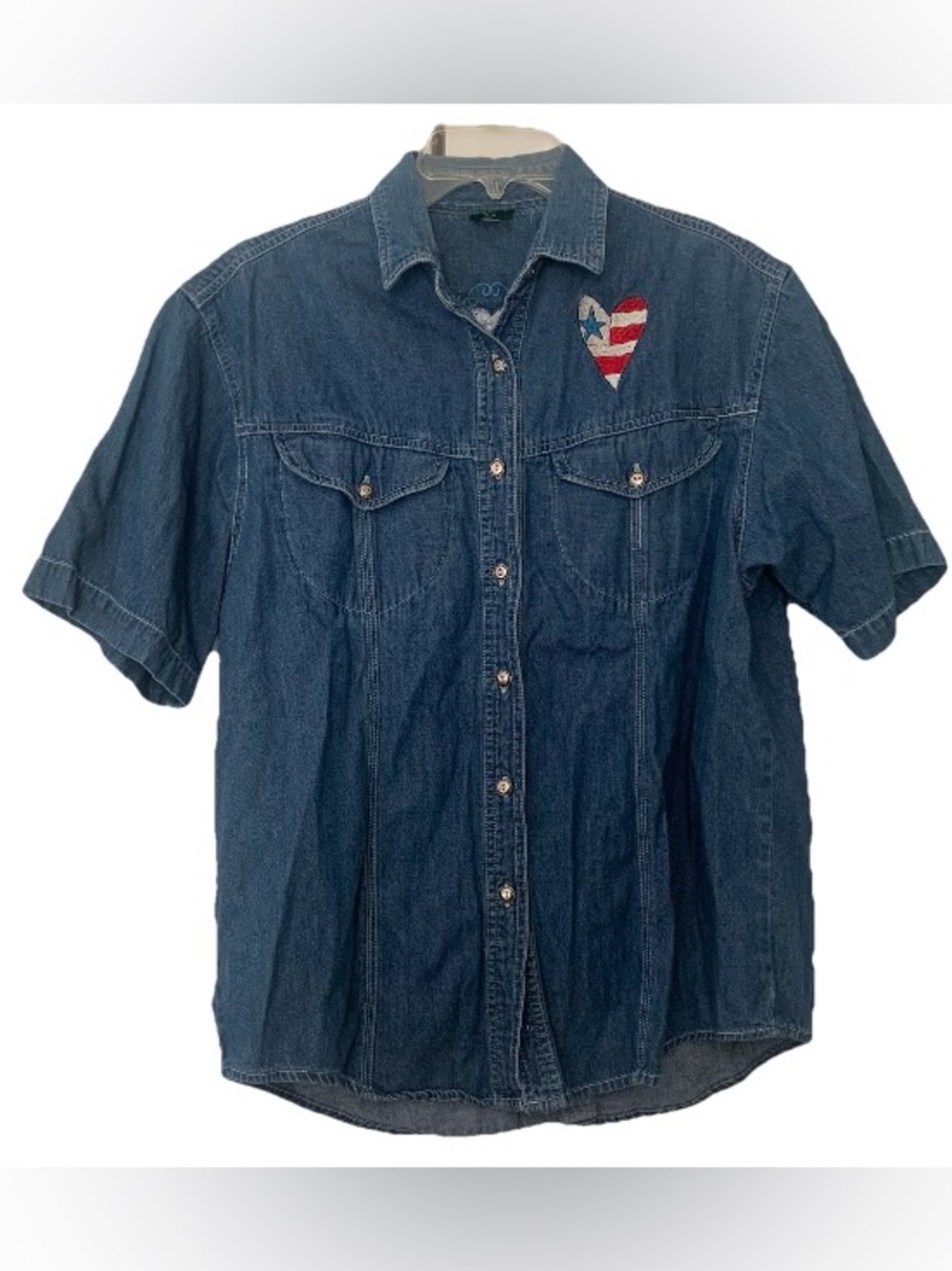 VTG Denim Women’s Shirt L Patriotic America 250 Embroidered Red White Blue USA